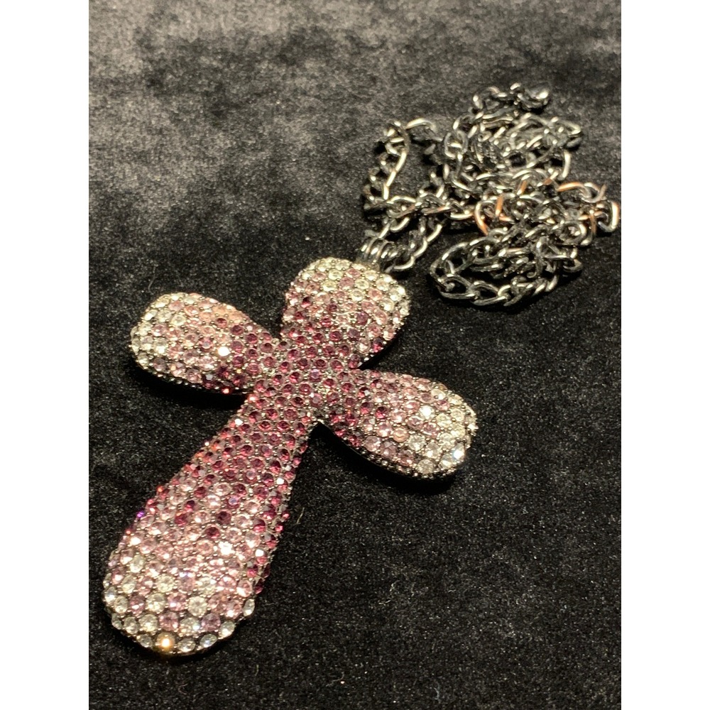 Pink Ombre Rhinestone Cross Pendant Necklace Gunmetal Tone Statement Jewelry